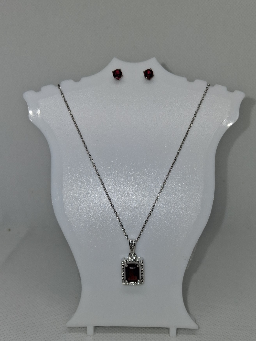 Red Rectangular Pendant Necklace and Stud Earring Set - Silver Tone